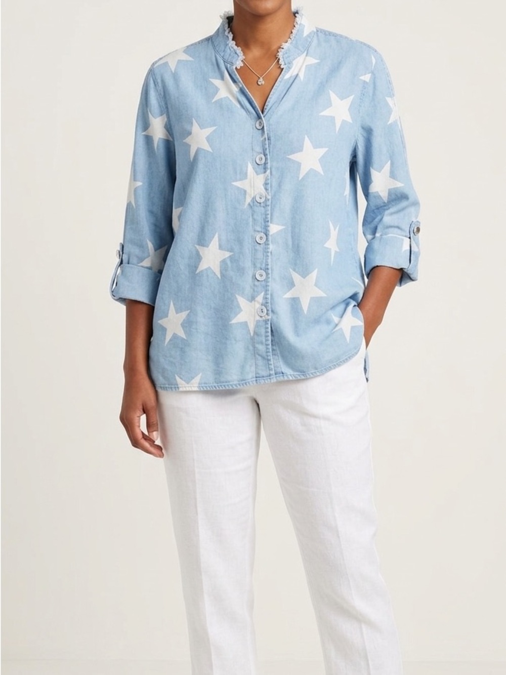 MULTIPLES Blue Star Print Denim Tunic Shirt Pearl Buttons Frayed Neck EUC Small